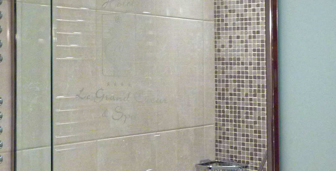 Porte de douche en verre avec cadre en inox poli et motif sablé ARIZIO MIROIR DECO